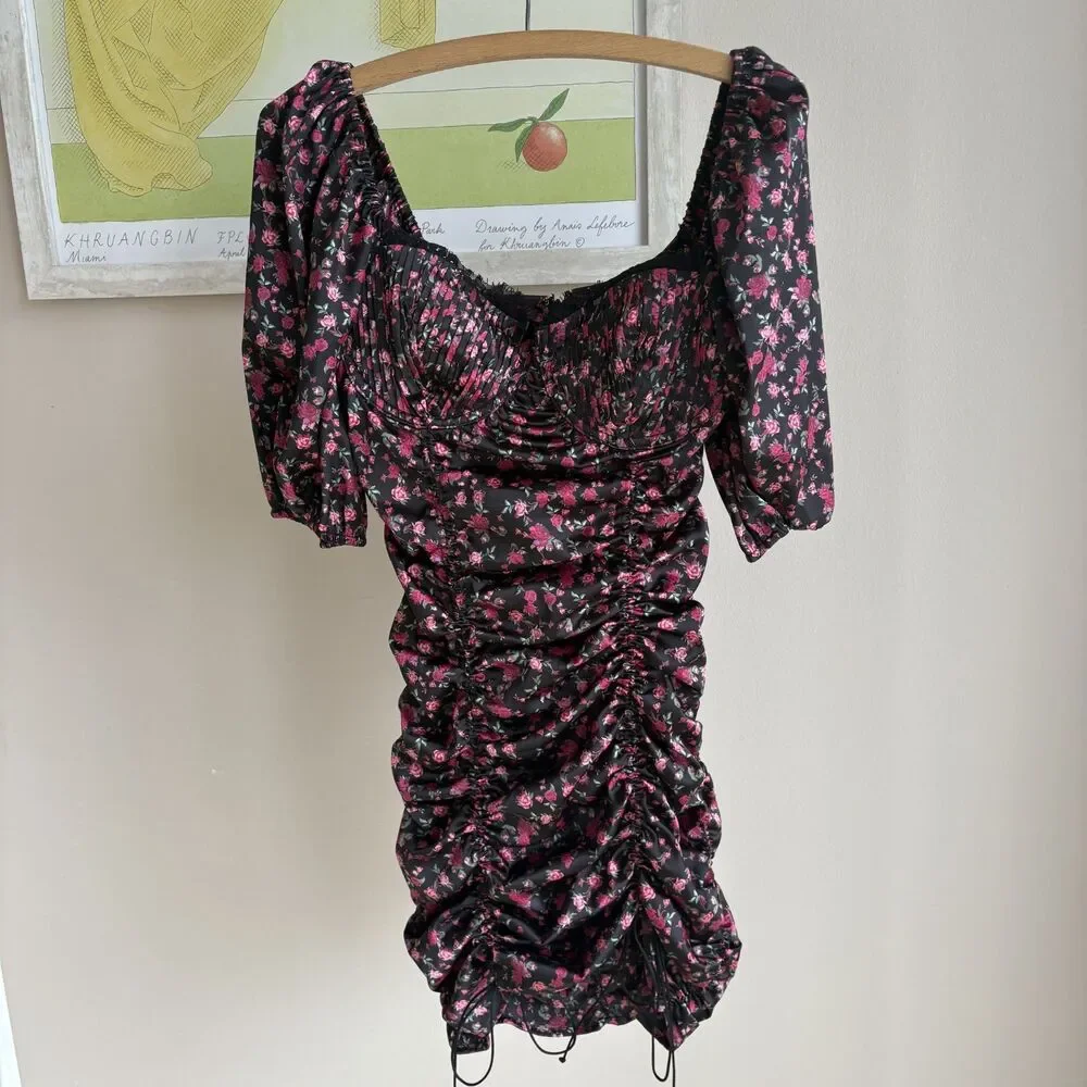 For Love & Lemons Black Melrose Satin Bodycon Cocktail Puff Sleeve - Picture 6 of 8